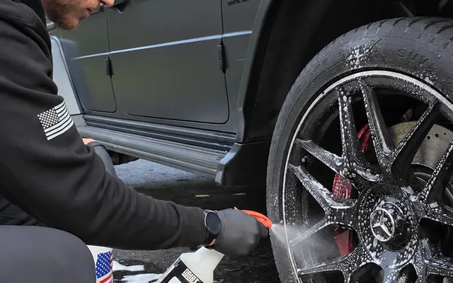 Iron remover sprayed onto a foamed G63 wheel