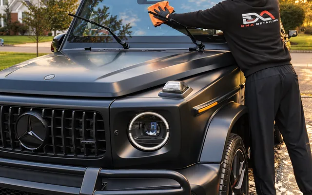 Andrew drying a G63 at golden hour after a full detail